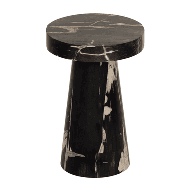 A compact, round-topped table featuring a solid, thick cylindrical top and a tapering conical base. The entire piece is crafted from petrified wood, displaying a dominant dark charcoal to black hue with striking natural white, beige, and golden-brown veining, providing a unique visual texture. The design is minimalist and sculptural. — 3D model (AI enhanced source)