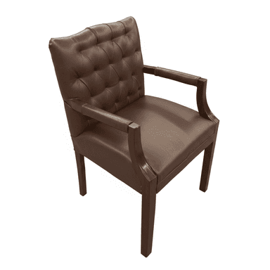 A traditional executive armchair upholstered in rich brown leather, featuring a deeply button-tufted backrest and solid wooden armrests and legs. — 3D model (AI enhanced source)