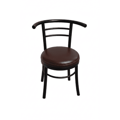 A contemporary dining chair featuring a matte black metal frame and a round, cushioned brown upholstered seat. The backrest is curved with a rounded top rail and two horizontal metal slats providing support. The legs are slender, tapering slightly towards the bottom, and are also made of black metal. — 3D model (AI enhanced source)