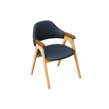 A contemporary dining armchair featuring a light wood frame, a dark navy blue upholstered seat and backrest, and darker wood armrest caps. The design is sleek and modern with subtly curved elements. — 3D model (AI enhanced source)