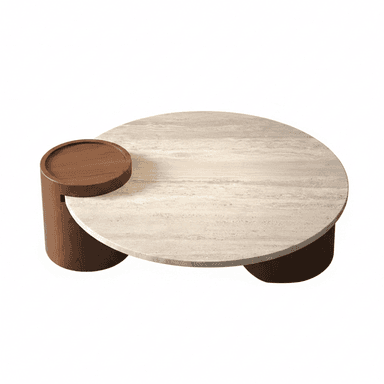 A modern coffee table featuring a large circular travertine top supported by dark wood cylindrical bases, one of which extends to form a smaller, elevated tiered platform. — 3D model (AI enhanced source)
