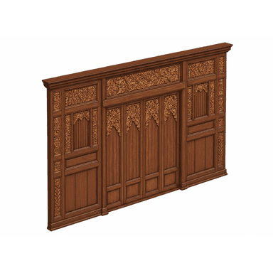 A freestanding, ornate wooden room divider or decorative wall panel, characterized by extensive, intricate carvings and multi-panel construction. The structure features a rich, medium-brown wood finish and a classical, traditional design. — 3D model (AI enhanced source)
