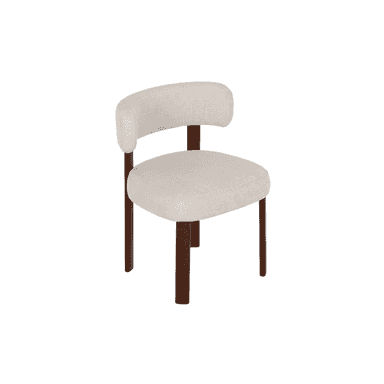 An armless chair featuring a round upholstered seat and a low, curved upholstered backrest, supported by four dark-stained wooden legs. — 3D model (AI enhanced source)