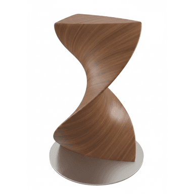 A modern sculptural accent table featuring a unique twisted, hourglass-like form crafted from rich walnut wood veneer, set upon a round, flat metal base. The design emphasizes organic curves and a dynamic silhouette, making it suitable for both functional and decorative purposes. — 3D model (AI enhanced source)