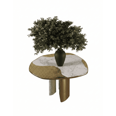 An organically shaped side table featuring a tabletop crafted from white marble with grey veining, distinctively accented by a wavy, textured gold inlay. The table is supported by an asymmetrical base, incorporating both polished gold-toned metal and marble elements, creating a visually striking and luxurious appearance. A plant in a black vase is placed on its surface. — 3D model (AI enhanced source)