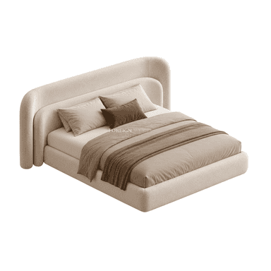 A modern upholstered platform bed featuring a distinctive softly curved headboard and a low-profile frame, all covered in a light beige, textured fabric. — 3D model (AI enhanced source)