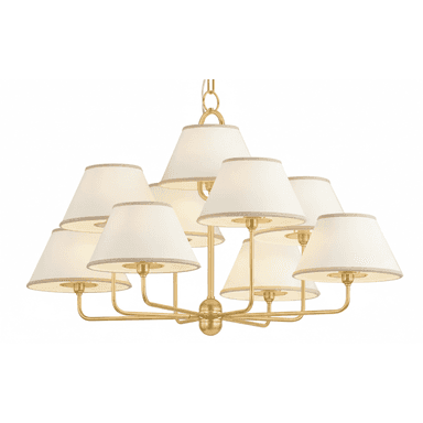 A contemporary or transitional chandelier featuring a satin brass finish and nine individual tapered fabric shades. The fixture is suspended by a chain and has multiple arms radiating outwards from a central hub, each supporting a light source covered by a cream-colored shade with subtle trim. — 3D model (AI enhanced source)