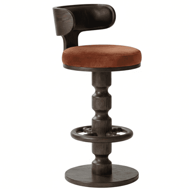 A dark wood bar stool with a circular, upholstered seat and a curved backrest. The base of the stool features a ring-shaped footrest and decorative turned wood elements. The seat is upholstered in a rust-colored velvet-like fabric, and the backrest has a black upholstered section. — 3D model (AI enhanced source)
