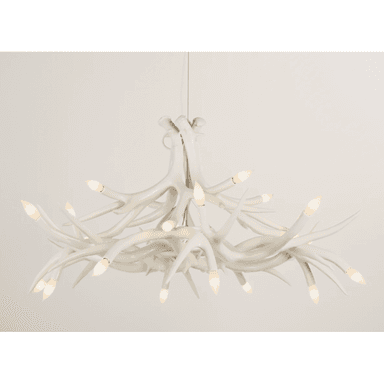A white chandelier designed to resemble a cluster of antlers. It features multiple branching elements that curve and intertwine, with small, flame-shaped bulbs positioned at the ends of many of these branches, providing illumination. The overall form mimics natural antler growth patterns, creating a rustic yet sophisticated aesthetic. — 3D model (AI enhanced source)