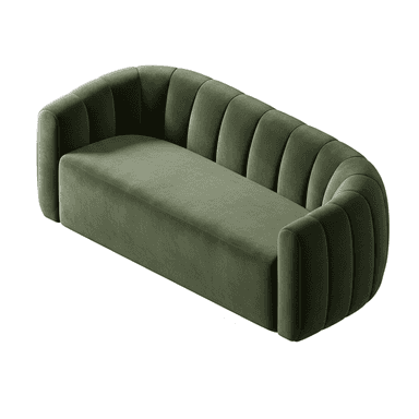 A modern sofa upholstered in deep olive green velvet, featuring a continuous, channel-tufted backrest and broad, rounded armrests that seamlessly flow into the back. The seat cushion is flat and integrated into the overall minimalist design. The sofa has a low profile with a concealed base. — 3D model (AI enhanced source)