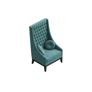 A high-back armchair upholstered in a teal or turquoise velvet-like fabric, featuring deep button tufting on the backrest and two matching spherical accent pillows. The chair has a sleek, contemporary wingback profile and is supported by dark wooden legs. — 3D model (AI enhanced source)