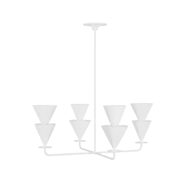 A white, multi-arm chandelier with a central stem and a canopy. It features eight conical light shades arranged in four pairs, with two pairs on opposite sides of the central support. The design is minimalist and geometric. — 3D model (AI enhanced source)