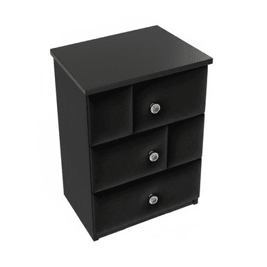 A sleek, black three-drawer storage unit, likely serving as a nightstand or small chest. It features a rectangular top and base, with three vertically stacked drawers. The drawer fronts are upholstered with a soft, velvet-like black fabric, each adorned with a prominent, clear faceted crystal-style knob. The body of the unit appears to be constructed from wood or MDF with a smooth, matte black finish. — 3D model (AI enhanced source)
