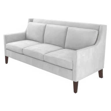 A light gray three-seater sofa featuring a contemporary design. It has three individual seat cushions and three individual back cushions, maintaining a neat appearance. The arms are straight and relatively low, blending into the backrest which is slightly higher than the cushions. The sofa stands on four dark, tapered wooden legs, elevating the piece and contributing to its modern aesthetic. — 3D model (AI enhanced source)