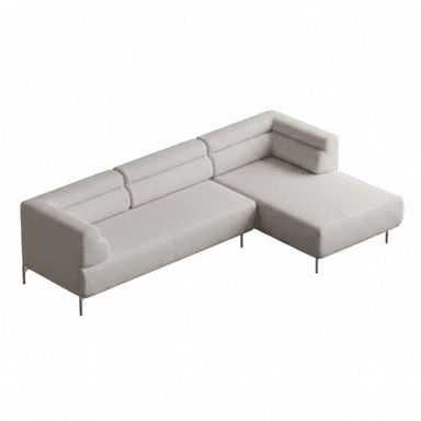 A contemporary L-shaped sectional sofa featuring light beige fabric upholstery and a minimalist design. It includes a multi-seat section and an integrated chaise lounge, supported by slender, dark-finished metal legs. — 3D model (AI enhanced source)