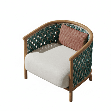 A contemporary lounge chair featuring a rounded wooden frame and an intricate geometric woven back and sides. The chair includes a thick, light-colored upholstered seat cushion and is accessorized with a smaller, textured terracotta-colored throw pillow. The design combines natural wood tones with a deep green woven pattern. — 3D model (AI enhanced source)