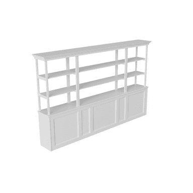 A large, multi-tiered white shelving unit with open shelves in the upper section and paneled base cabinets in the lower section, featuring traditional design elements. — 3D model (AI enhanced source)
