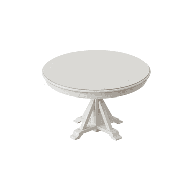 A small, round white pedestal table, featuring a clean, simple design suitable for various interior styles. The table has a circular top and a sturdy central pedestal base with four splayed, scrolled feet. — 3D model (AI enhanced source)