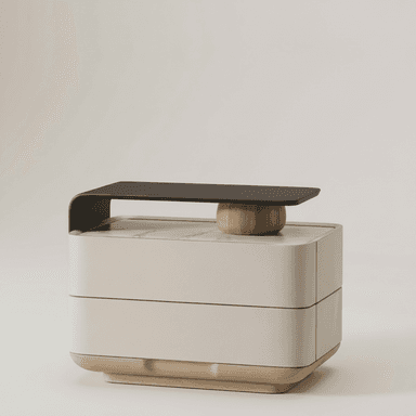 A contemporary nightstand featuring a multi-layered design. It has a cream-colored textured finish, possibly leather or faux leather, forming the main body with two visible storage sections. The top surface appears to be white marble or a similar stone, partially covered by a dark, possibly metal, cantilevered shelf. The base is light-toned wood, and a small wooden decorative element sits on the marble top. The overall aesthetic is minimalist and modern with rounded edges. — 3D model (AI enhanced source)
