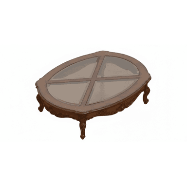 An ornate, oval-shaped coffee table with a dark-stained wooden frame and a segmented glass top. The table features intricate carvings, curved cabriole legs, and a rich, traditional aesthetic. — 3D model (AI enhanced source)