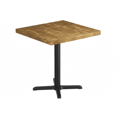 A square-top table featuring a rustic-looking solid wood surface supported by a central black metal pedestal base with a four-pronged foot. — 3D model (AI enhanced source)