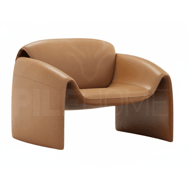 A contemporary lounge chair featuring a distinctive, continuous form upholstered entirely in tan leather. The design integrates the seat, backrest, and armrests into a single, flowing structure that descends to the floor, forming the base without discrete legs. The surfaces are smooth and rounded, providing a comfortable, enveloping silhouette. The color is a warm, light brown, suggesting high-quality leather. — 3D model (AI enhanced source)