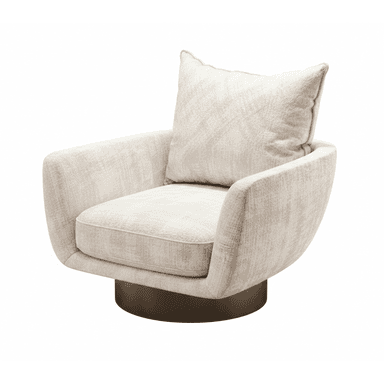 A modern armchair with a swivel base. The chair features upholstered arms, a seat cushion, and a back cushion. The base is a dark, circular pedestal that allows for rotation. The upholstery has a textured, slightly distressed appearance. — 3D model (AI enhanced source)