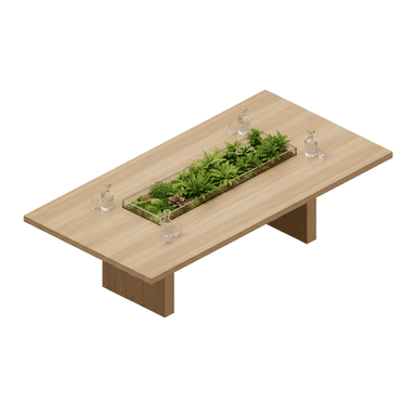 A modern, rectangular conference table featuring a light-toned wood finish and a prominent integrated central planter. The planter, recessed into the tabletop, contains an assortment of green plants, moss, and pinecones within a transparent, likely glass or acrylic, border. The table is supported by two thick panel-style legs, offering a clean and stable design. Several clear glass decanters and tumblers are placed on the table's surface. — 3D model (AI enhanced source)