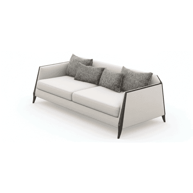 A modern two-seater sofa featuring a clean, minimalist design with an exposed dark-finished wooden frame that outlines the arms and extends to form the slender, tapered legs. The sofa is upholstered in a light, neutral fabric, with two plush seat cushions and three smaller, textured grey fabric back cushions. The silhouette is sleek with slightly angled elements, suggesting a contemporary aesthetic. — 3D model (AI enhanced source)