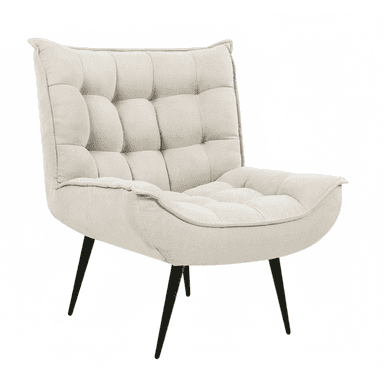 A contemporary tufted lounge chair featuring a low-profile design and tapered black metal legs, upholstered in a light beige fabric. — 3D model (AI enhanced source)