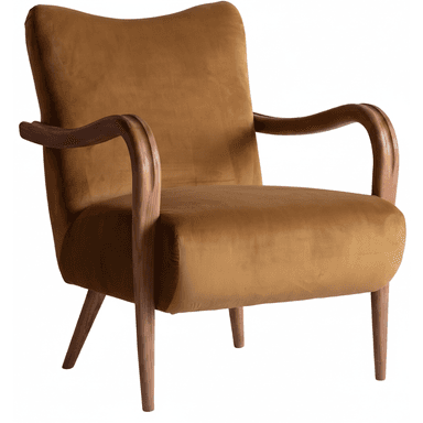 A single-seater lounge chair featuring golden-brown velvet upholstery and an exposed wooden frame, including curved armrests and tapered legs. — 3D model (AI enhanced source)