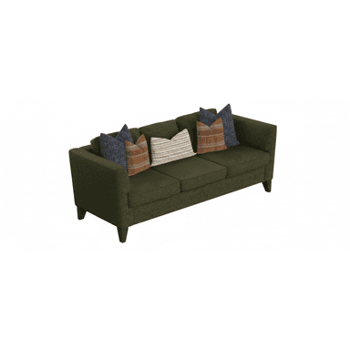 A contemporary three-seater sofa upholstered in a textured green fabric, featuring track arms and dark, tapered block legs. It includes multiple decorative throw pillows with various patterns. — 3D model (AI enhanced source)