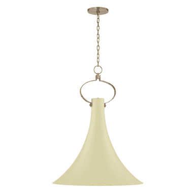 A contemporary pendant light featuring a wide, bell-shaped shade suspended by a brass chain and ring mechanism. The shade is a smooth, matte cream color, contrasting with the metallic brass elements of the suspension system, which includes a ceiling canopy, a linked chain, and a distinctive circular ring detail that connects to the top of the shade. The design is sleek and minimalist. — 3D model (AI enhanced source)
