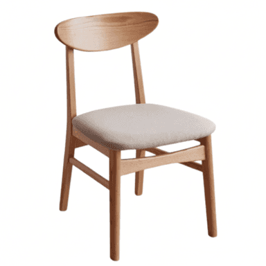 A light-toned wooden dining chair featuring an upholstered seat and a curved wooden backrest. The design is simple and minimalist, characteristic of Scandinavian style, with straight legs and a smooth finish. — 3D model (AI enhanced source)