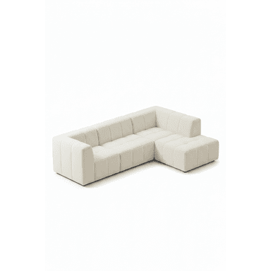 An L-shaped contemporary sectional sofa upholstered in light-colored boucle fabric, featuring channel tufting on the backrests and arms, and square tufting on the seat cushions. — 3D model (AI enhanced source)