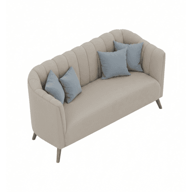 A contemporary loveseat featuring a distinctive fluted backrest, upholstered in a neutral beige fabric, and supported by tapered gold-toned legs, complete with light blue accent pillows. — 3D model (AI enhanced source)