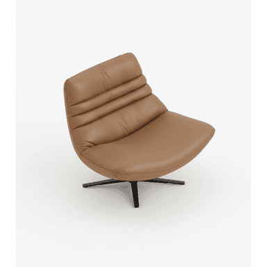 An armless lounge chair with a tan/camel upholstered finish, featuring a scooped seat and backrest. The backrest has three horizontal stitched channels. The chair is supported by a black metal swivel base with four low-profile legs. — 3D model (AI enhanced source)
