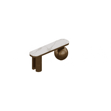 A contemporary side table featuring an elongated oval tabletop crafted from white marble with distinct grey veining. The table's base is highly distinctive and asymmetrical, consisting of two main elements: one side is supported by two vertical, U-shaped cylindrical legs in a bronze finish, while the other side rests upon a large, polished bronze sphere. — 3D model (AI enhanced source)