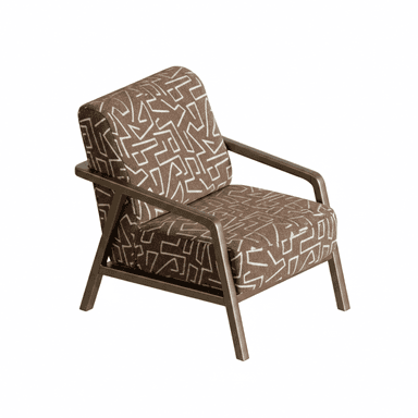 A contemporary lounge chair featuring a bronze-toned metal frame and upholstered cushions with a distinctive brown and white geometric pattern. — 3D model (AI enhanced source)