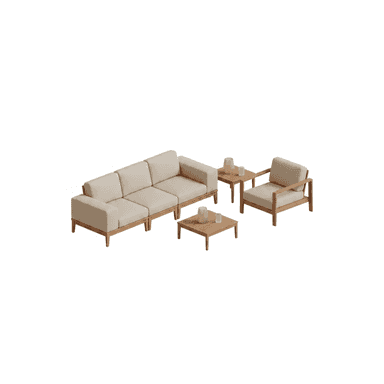 A modern outdoor furniture set featuring a modular three-seater sofa, a single armchair, and two square side tables, all with light-toned wooden frames and beige upholstered cushions. — 3D model (AI enhanced source)