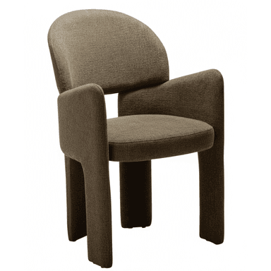 A contemporary armchair featuring a fully upholstered design in a textured brown-grey fabric. The chair has a rounded backrest, a plush seat, and distinctive wide, integrated armrests and legs that create a solid, block-like silhouette. The continuous upholstery across all surfaces gives it a monolithic appearance. — 3D model (AI enhanced source)