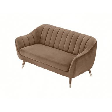 A two-seater loveseat featuring a contemporary design with a curved silhouette and vertical channel tufting on the backrest and inner arms. It is upholstered in a smooth, brown velvet fabric and stands on four slender, tapered wooden legs, each finished with a brass cap. — 3D model (AI enhanced source)