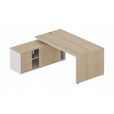 An L-shaped office desk featuring a spacious primary work surface in a light wood-tone laminate, supported by a panel leg. The L-extension is formed by an integrated storage unit, also in light wood laminate and white, which includes a three-drawer unit on one side and a sliding door cabinet on the other, with an open shelf section in between. A cable management grommet is visible on the main desk surface. — 3D model (AI enhanced source)