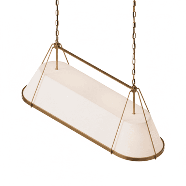 A contemporary linear pendant light featuring a rectangular frosted glass diffuser suspended by a brass-finished metal frame and chains. The light provides diffused illumination. — 3D model (AI enhanced source)