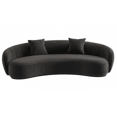 A contemporary curved sofa with a rounded silhouette. It features a low-profile design with integrated armrests that flow seamlessly into the backrest. The upholstery appears to be a soft fabric, possibly velvet or microsuede. Two matching throw pillows are placed on the sofa. The base is a dark, flat plinth. — 3D model (AI enhanced source)