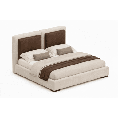 A modern upholstered platform bed with a full fabric-covered frame and a distinctive split headboard. The headboard features two separate rectangular panels upholstered in a darker, contrasting material, likely faux leather, set against the lighter fabric of the main headboard and bed frame. The bed is presented with neutral-toned bedding. — 3D model (AI enhanced source)