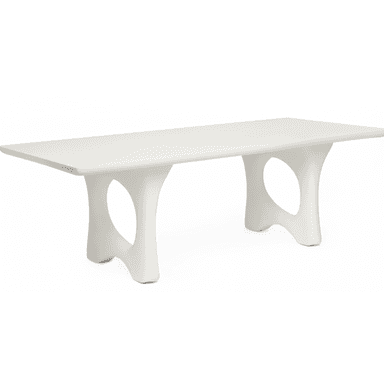 A low-profile, rectangular coffee table in a matte white finish, featuring two distinct, biomorphic pedestal bases with organic, flowing cutouts. The design is contemporary and sculptural. — 3D model (AI enhanced source)