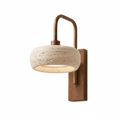 A modern wall sconce featuring a bowl-shaped shade crafted from rough-textured travertine stone. The shade emits a soft, diffused light. It is supported by a curved, aged brass arm that attaches to a rectangular wooden backplate, which is designed for wall mounting. — 3D model (AI enhanced source)