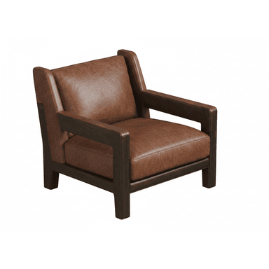 A contemporary armchair featuring a dark brown wooden frame with integrated armrests and legs, upholstered in rich brown leather on the seat, back, and arm cushions. The design has clean lines and a squared-off silhouette. — 3D model (AI enhanced source)