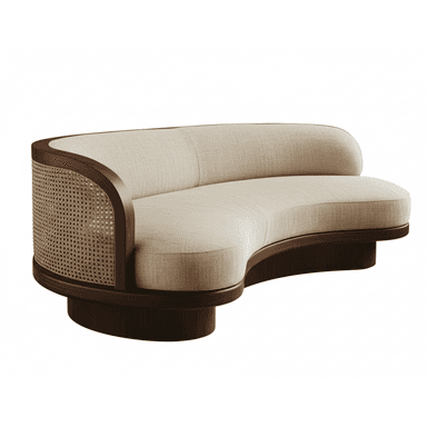 A contemporary curved sofa featuring a light, neutral fabric upholstery, a dark-stained solid wood frame, and a distinctive cane webbing detail on one side of the backrest. The sofa rests on a dark wooden plinth base, giving it a substantial and grounded appearance without visible legs. Its flowing, curvilinear form is designed for multi-person seating. — 3D model (AI enhanced source)